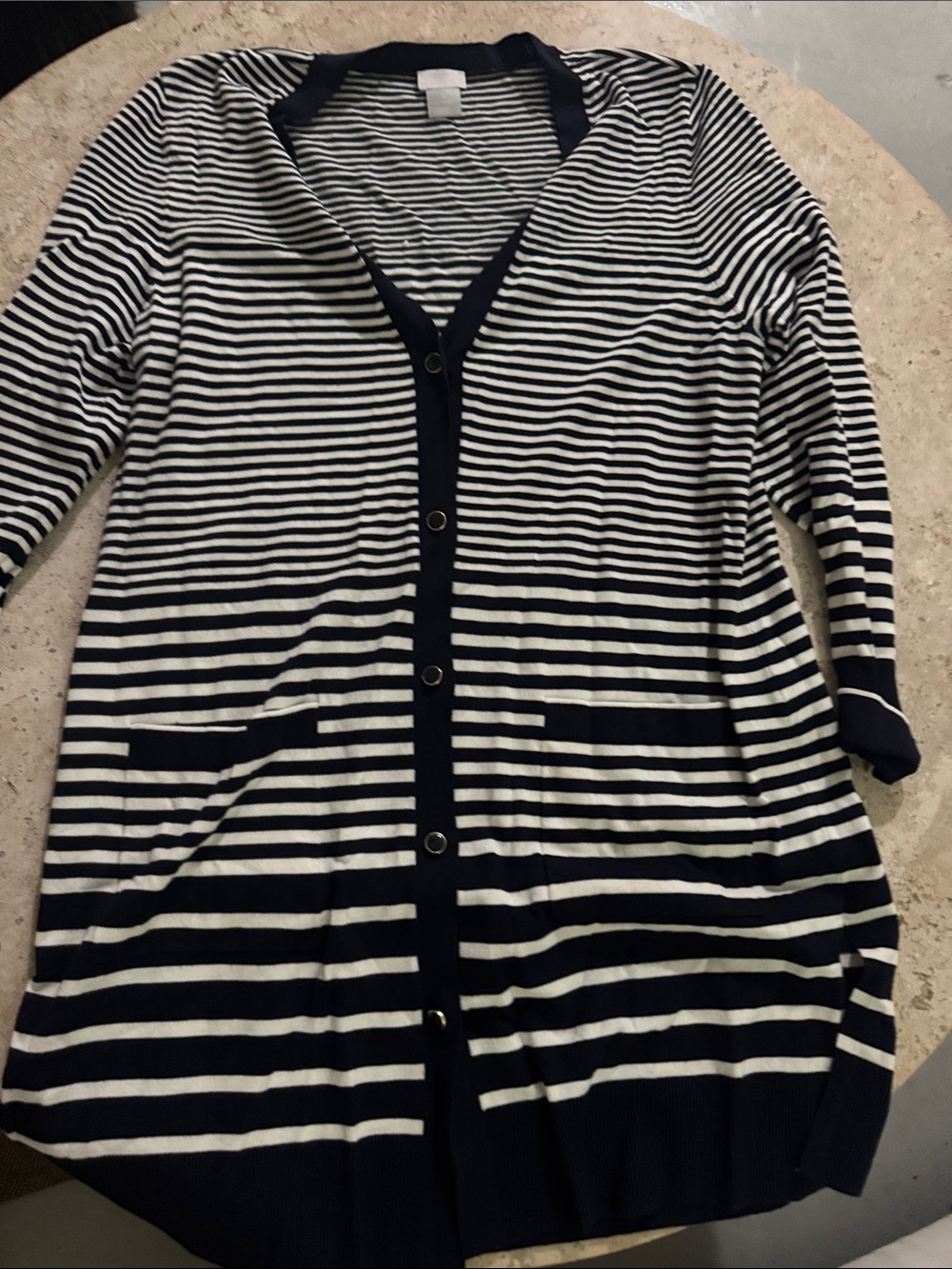 Chico's Navy and White Striped Button-Front Cardigan